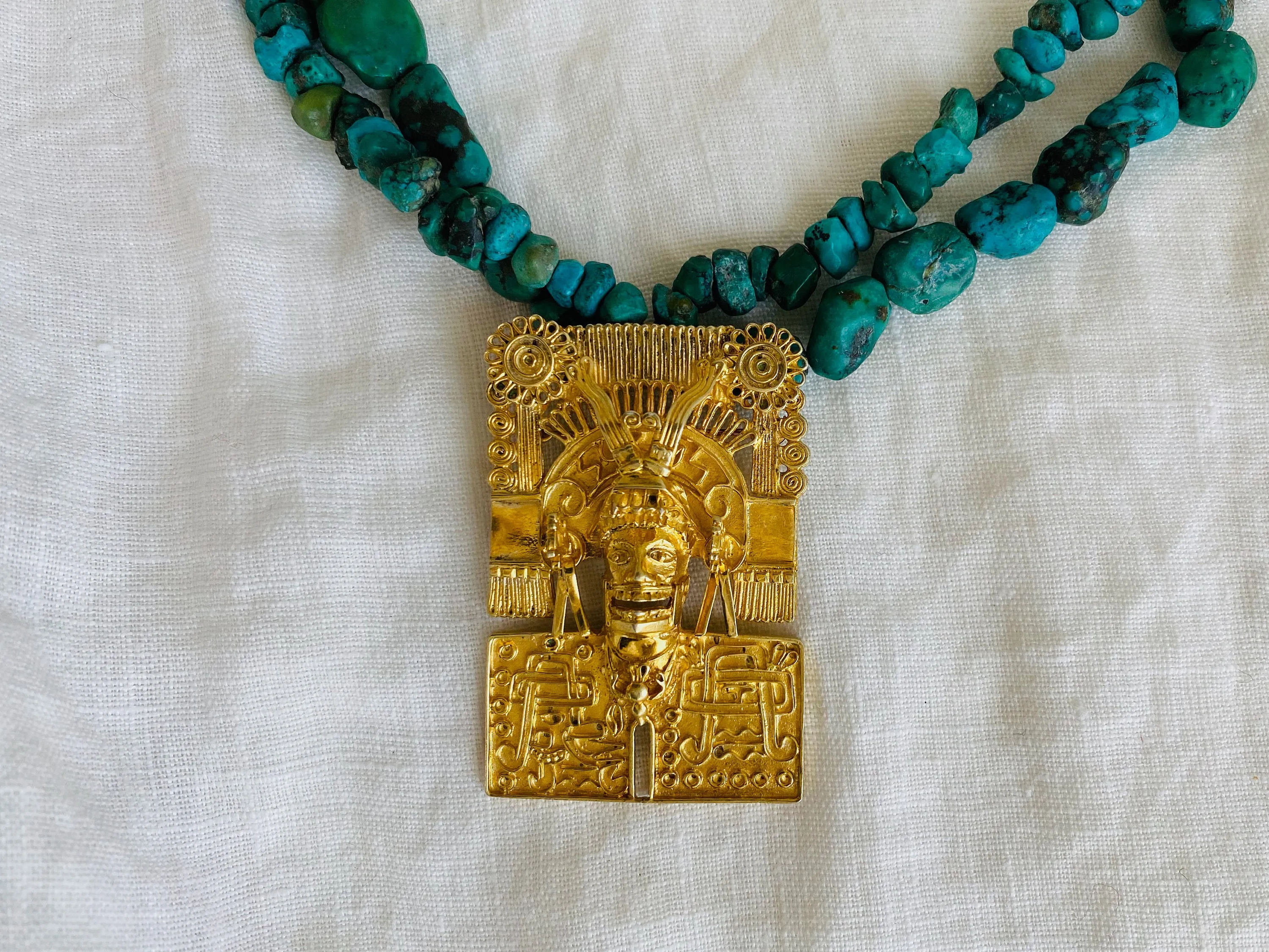 Monte Alban Pendant on Turquoise Necklace. Gold Plated Silver. Mexico. Frida Kahlo