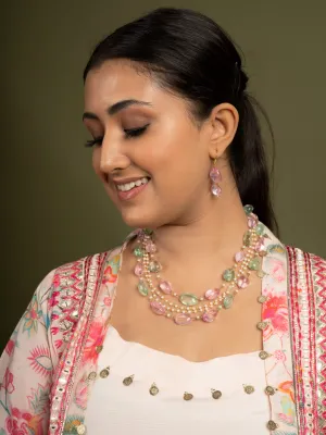 Multilayered  Pink & Green Stone String Necklace