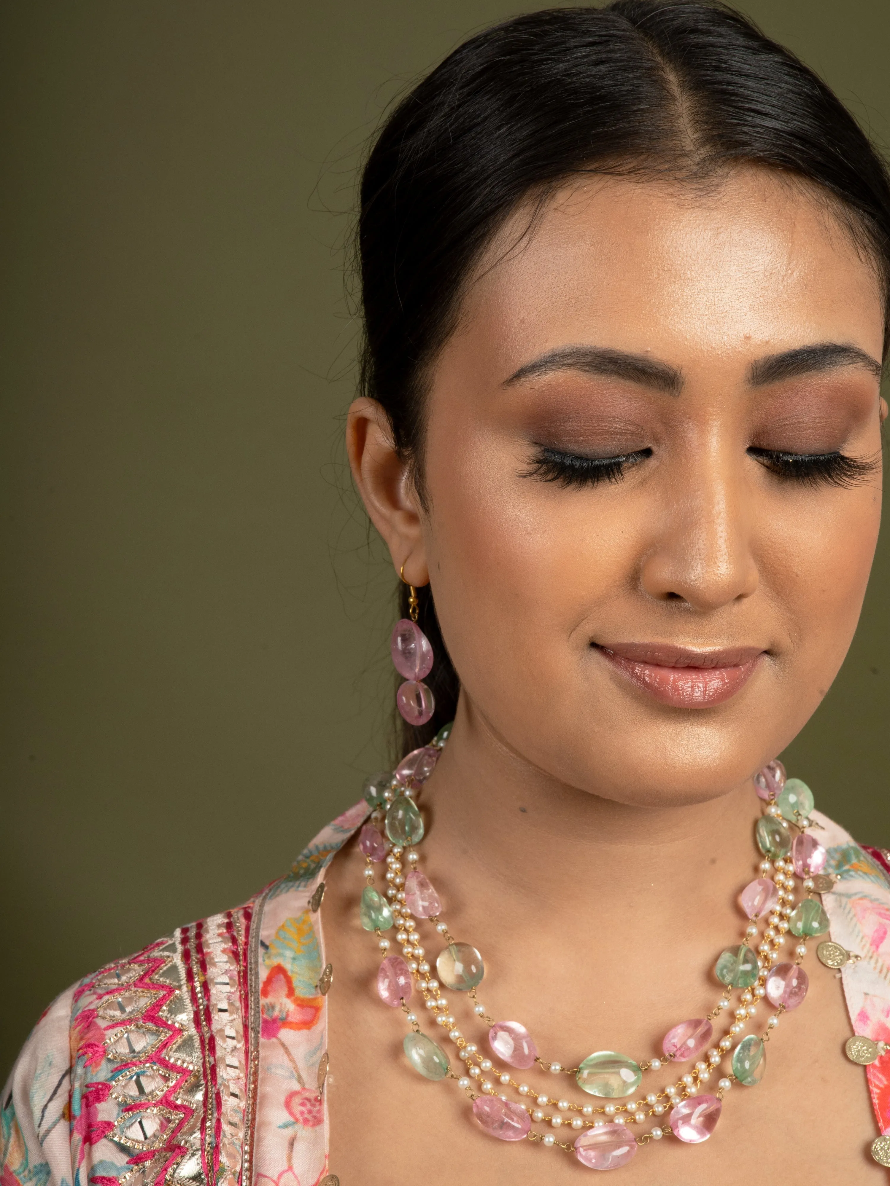 Multilayered  Pink & Green Stone String Necklace