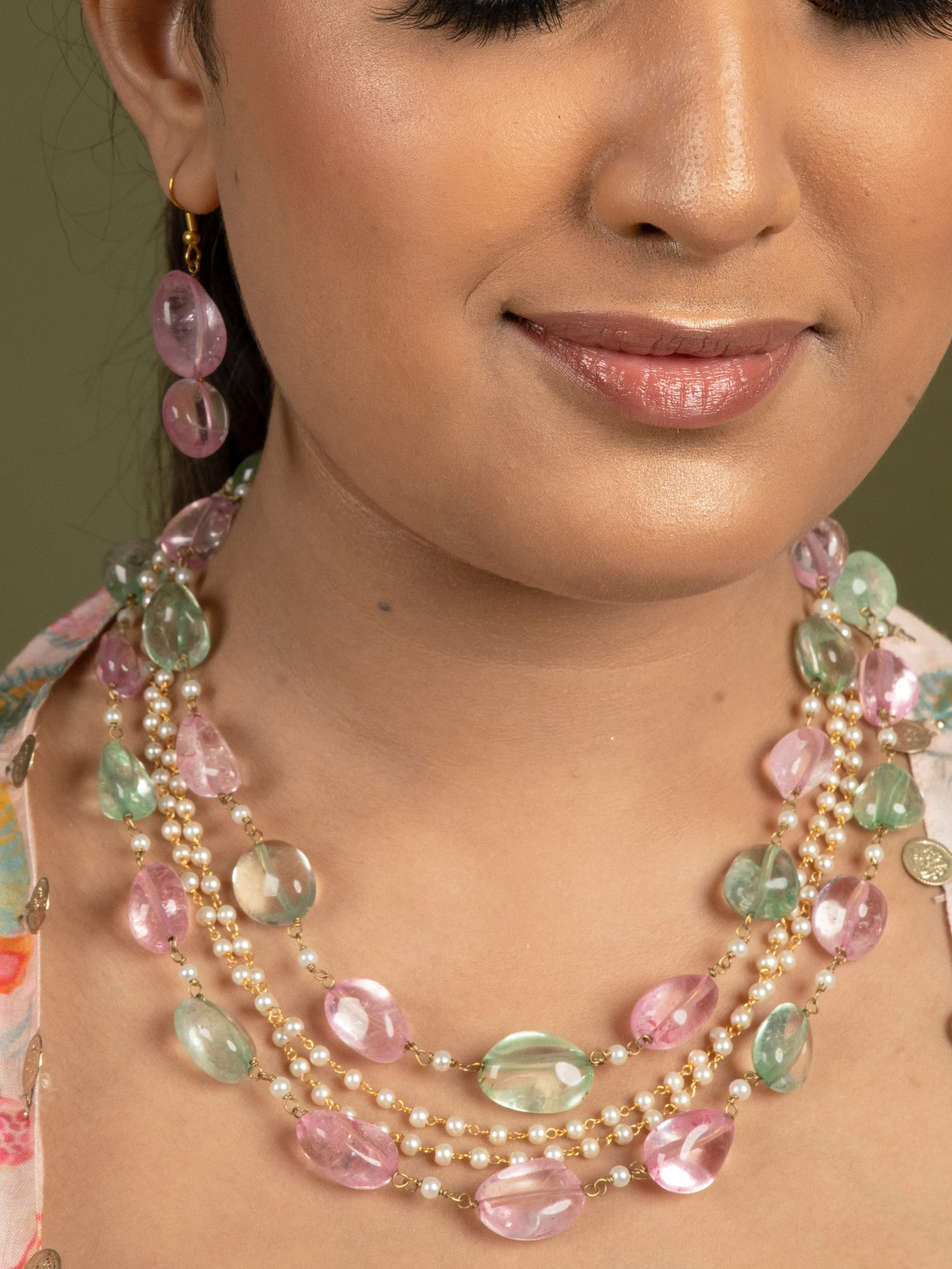Multilayered  Pink & Green Stone String Necklace