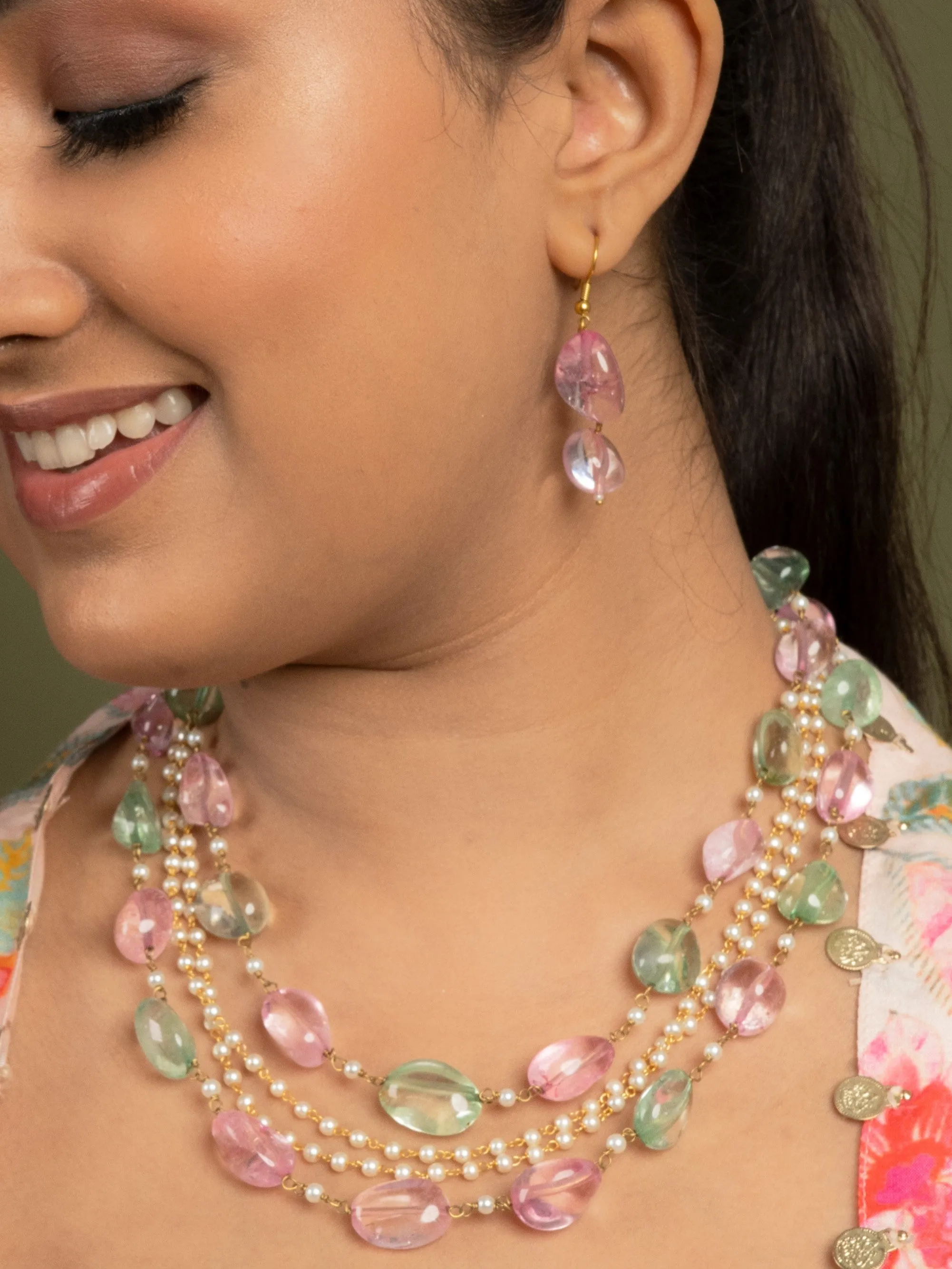 Multilayered  Pink & Green Stone String Necklace