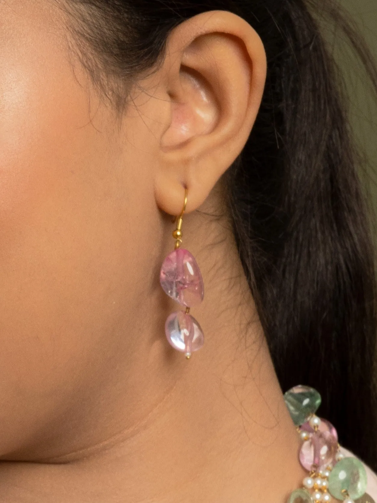 Multilayered  Pink & Green Stone String Necklace