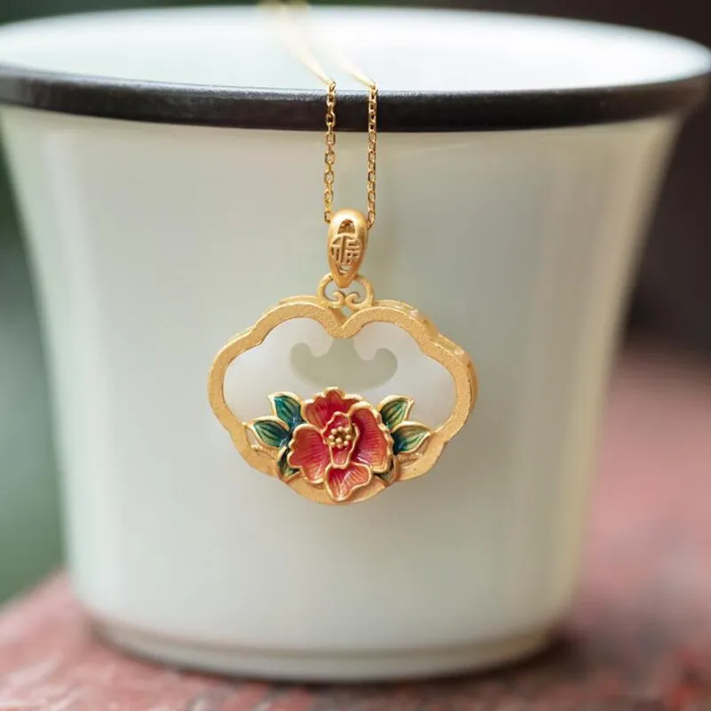 Natural Hetian Jade Enamel Porcelain Exquisite Flower Ladies Pendant