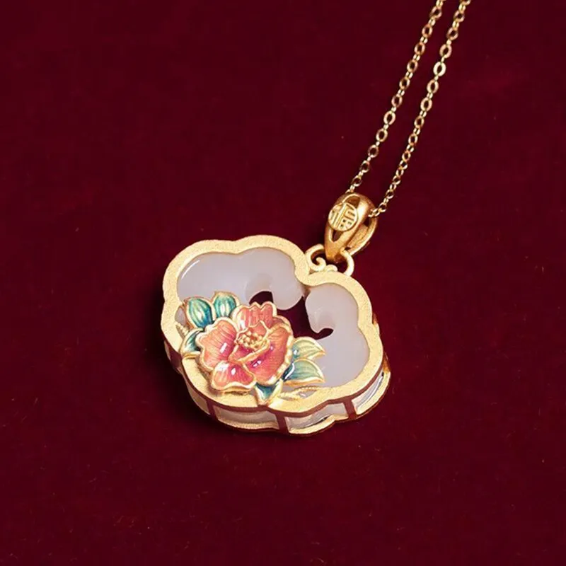 Natural Hetian Jade Enamel Porcelain Exquisite Flower Ladies Pendant