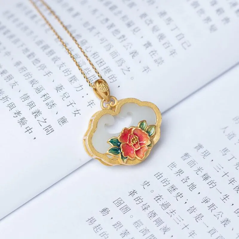 Natural Hetian Jade Enamel Porcelain Exquisite Flower Ladies Pendant