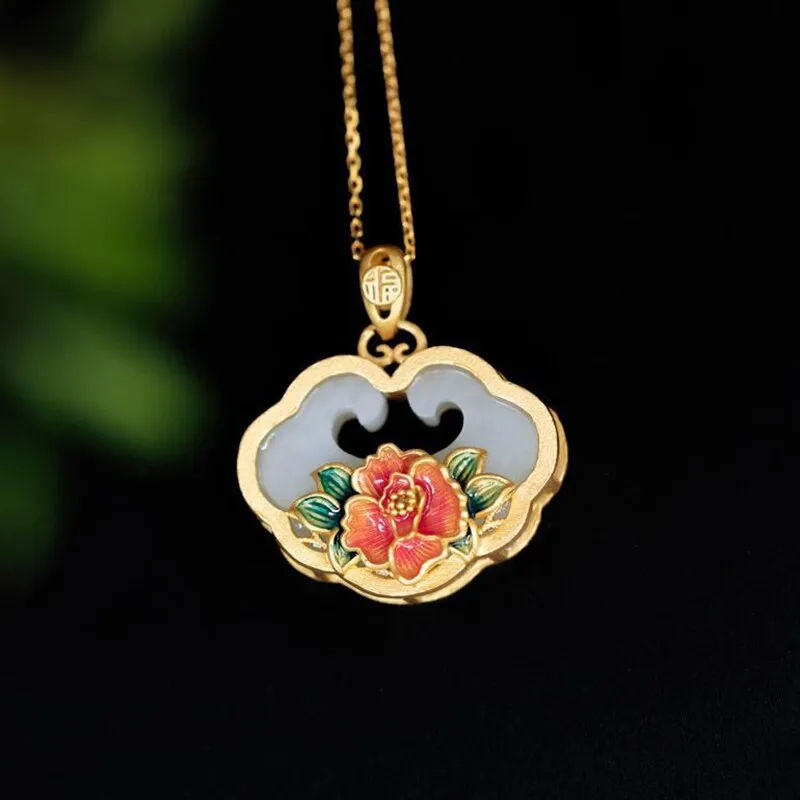 Natural Hetian Jade Enamel Porcelain Exquisite Flower Ladies Pendant