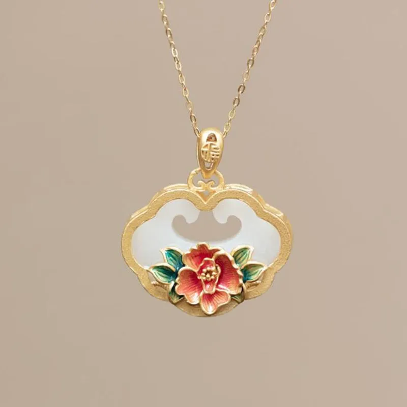 Natural Hetian Jade Enamel Porcelain Exquisite Flower Ladies Pendant
