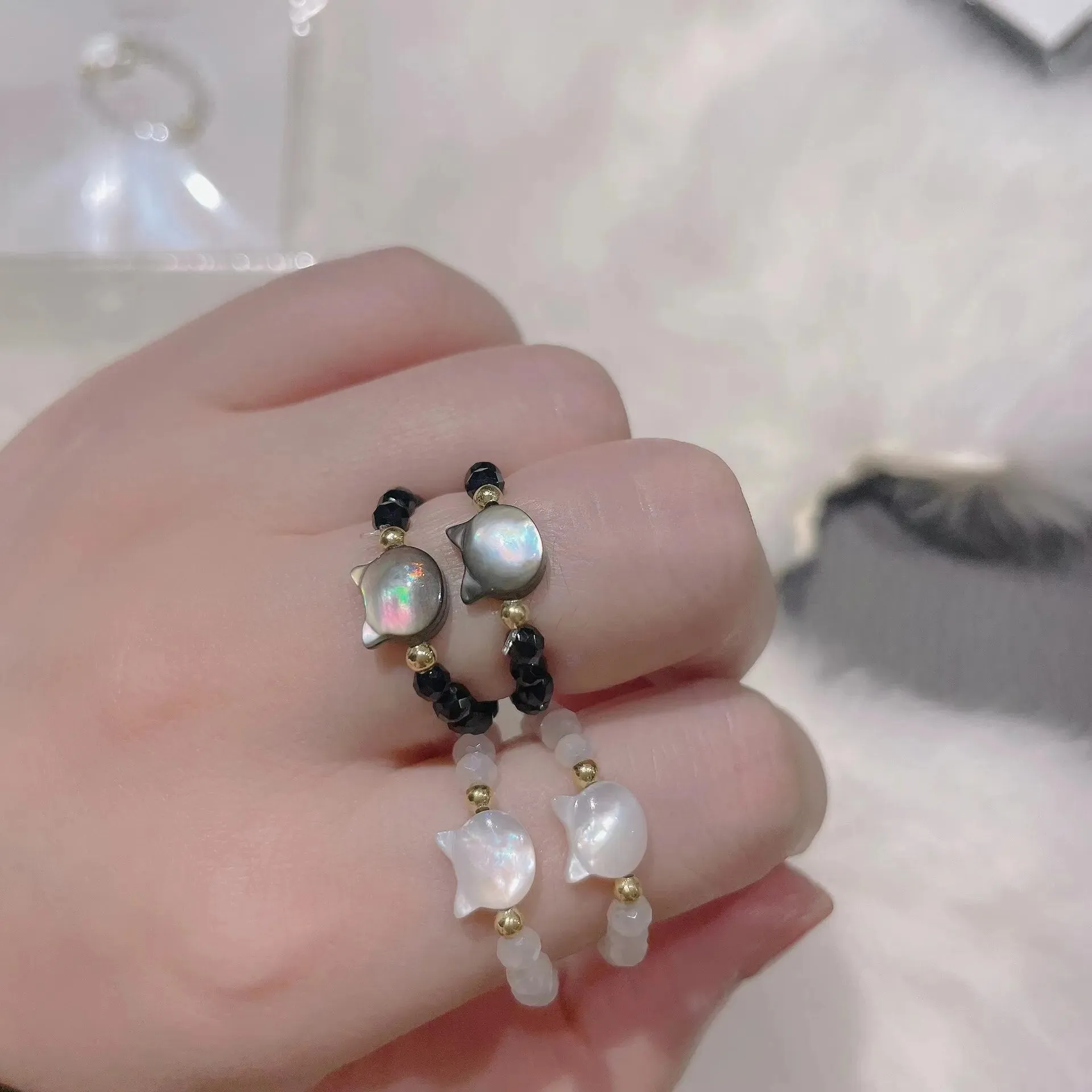 Natural Looking Moonstone Obsidian Cat Ring