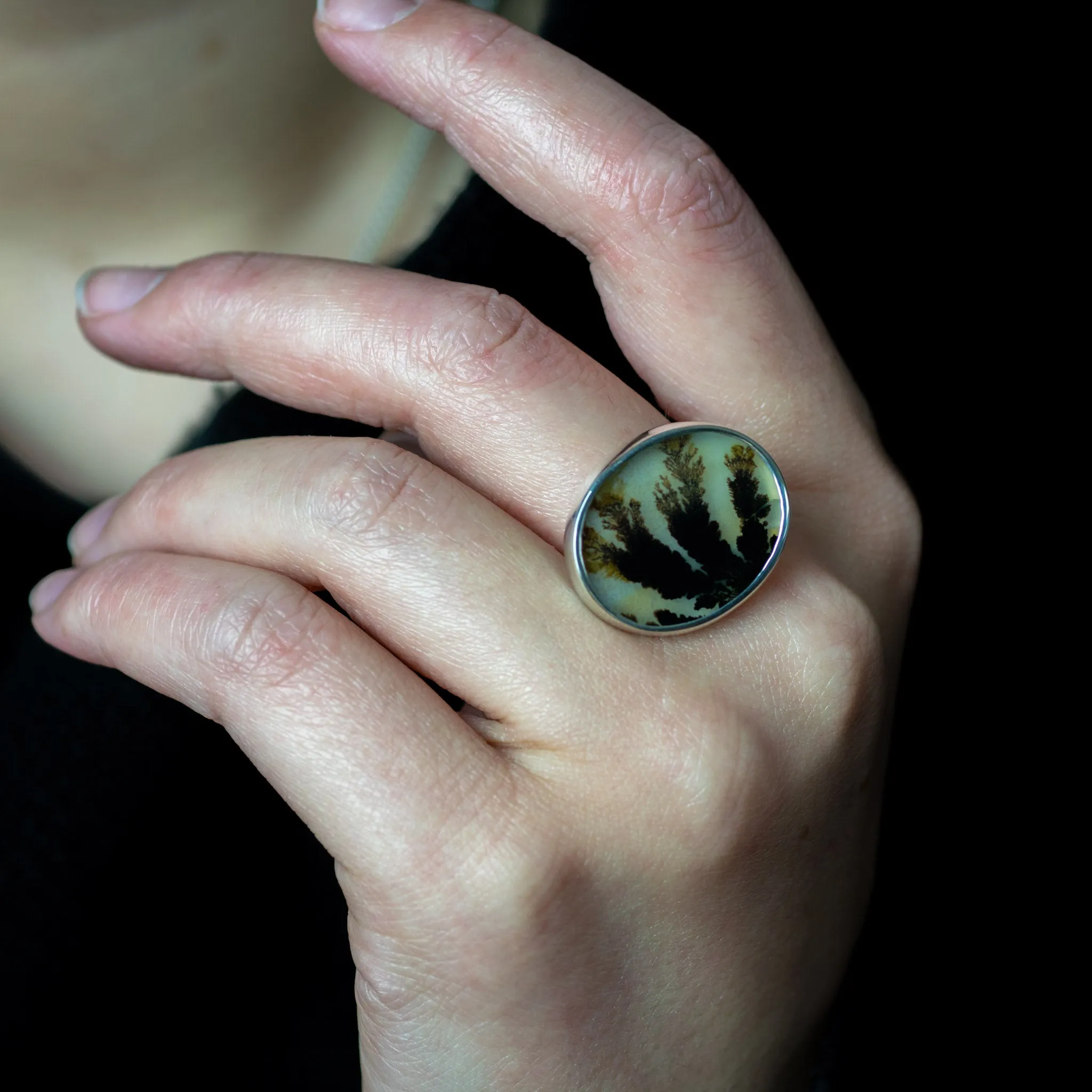 No.172 - Silver Dendritic Agate Oval Ring - Size S