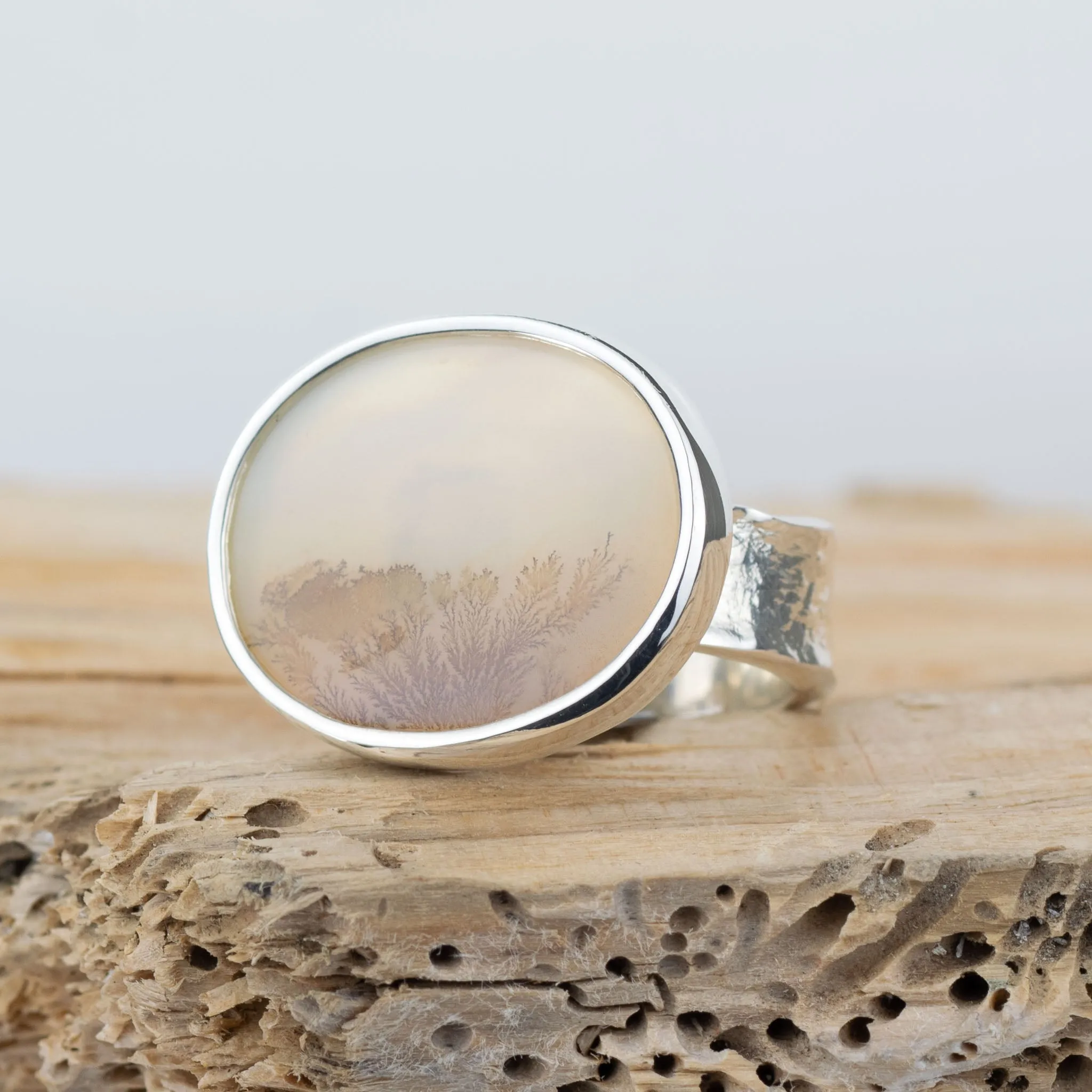 No.638 - Silver Dendritic Agate Ring - Size L 1/2