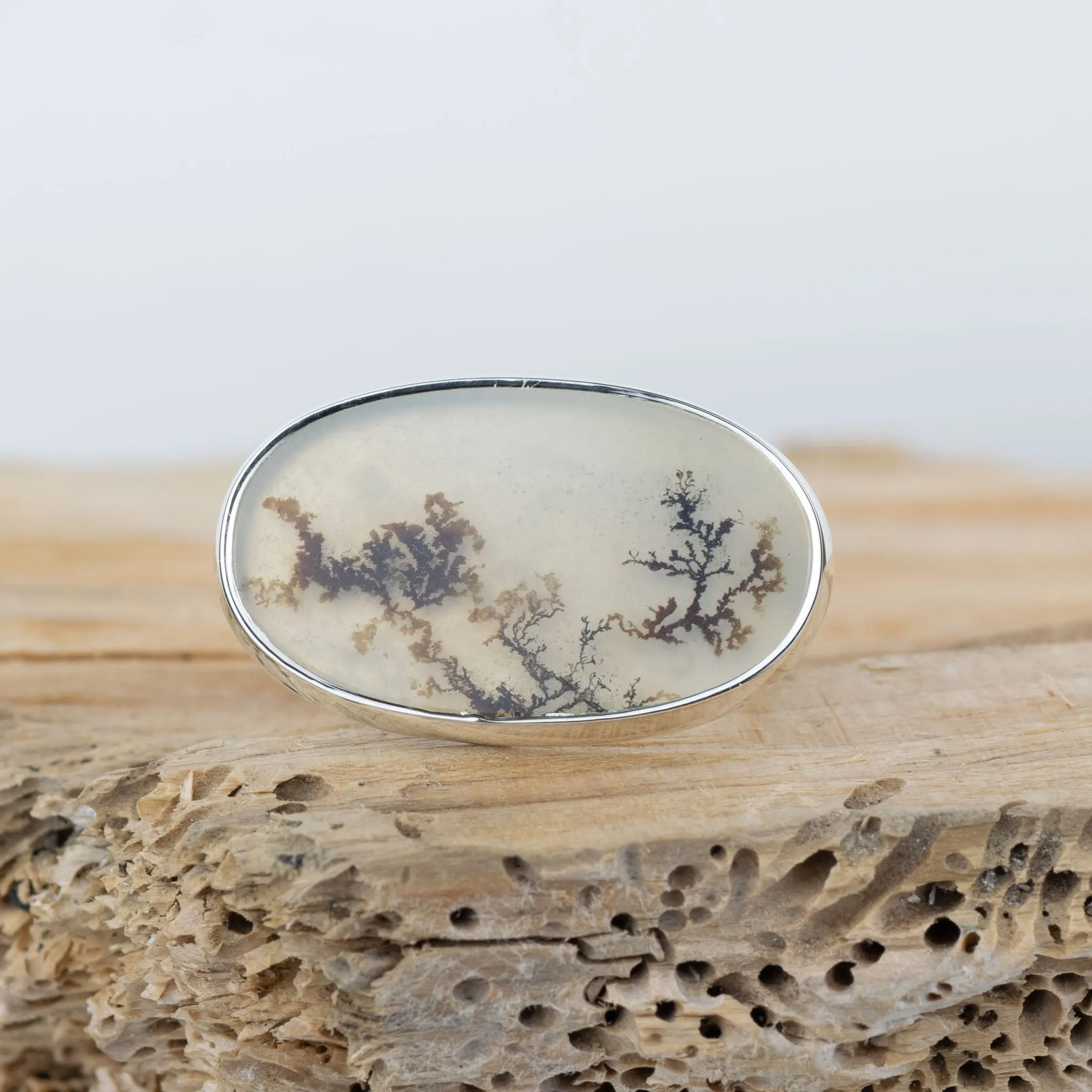 No.716 - Silver Dendritic Agate Ring - Size T 1/2
