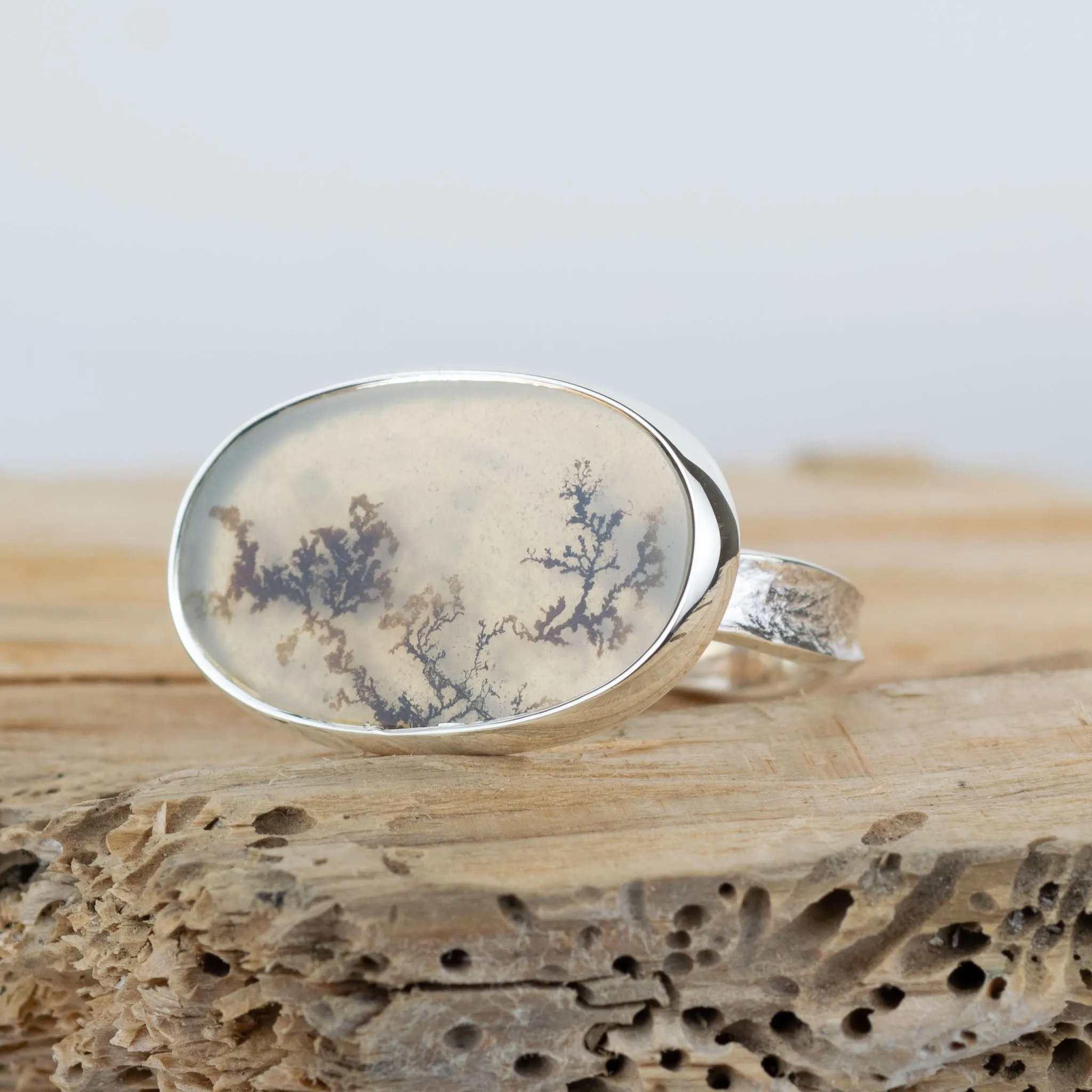 No.716 - Silver Dendritic Agate Ring - Size T 1/2