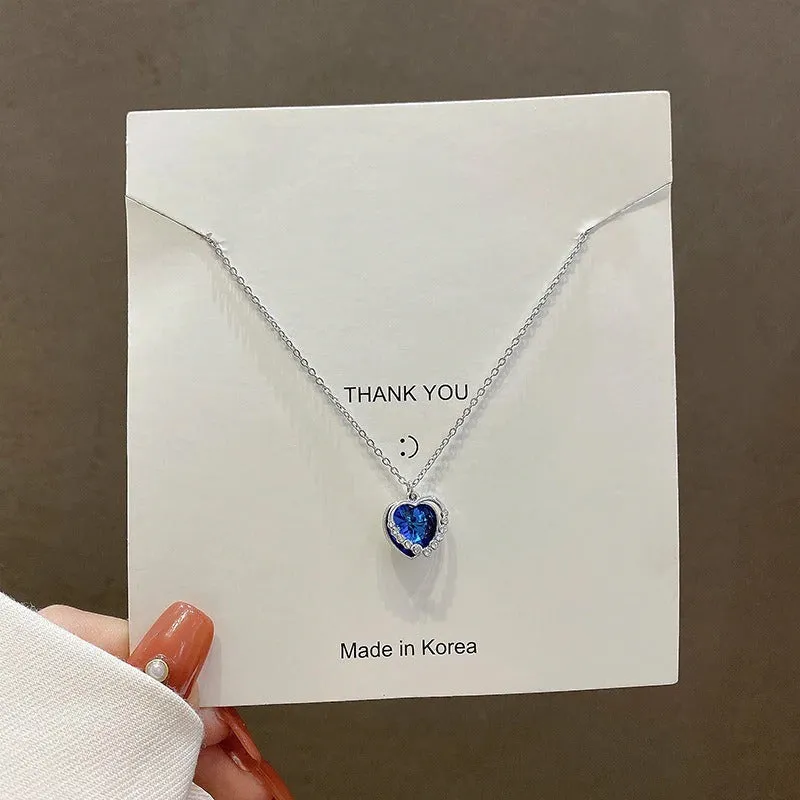 Ocean Blue Rhinestone Adorned Love Heart Pendant Necklaces