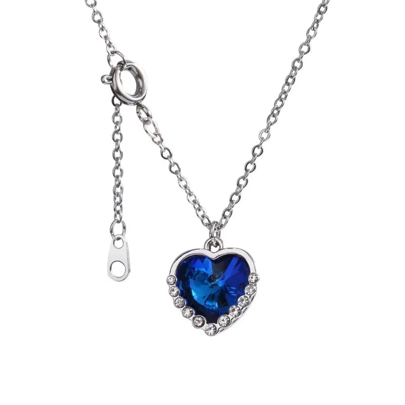 Ocean Blue Rhinestone Adorned Love Heart Pendant Necklaces