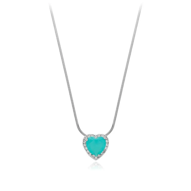Ocean Blue Rhinestone Adorned Love Heart Pendant Necklaces