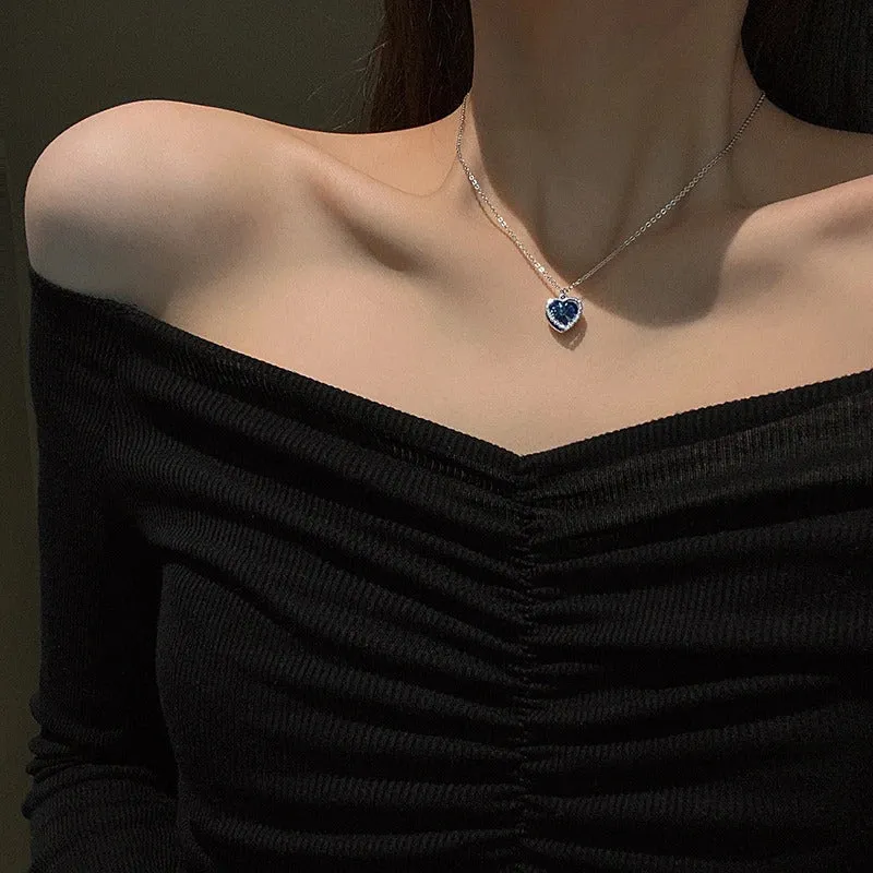 Ocean Blue Rhinestone Adorned Love Heart Pendant Necklaces