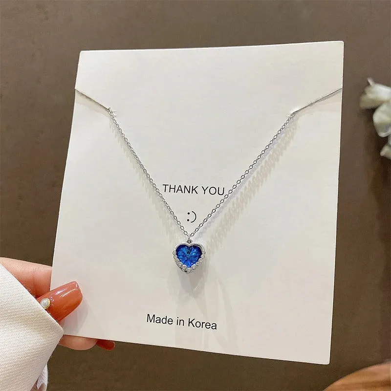 Ocean Blue Rhinestone Adorned Love Heart Pendant Necklaces