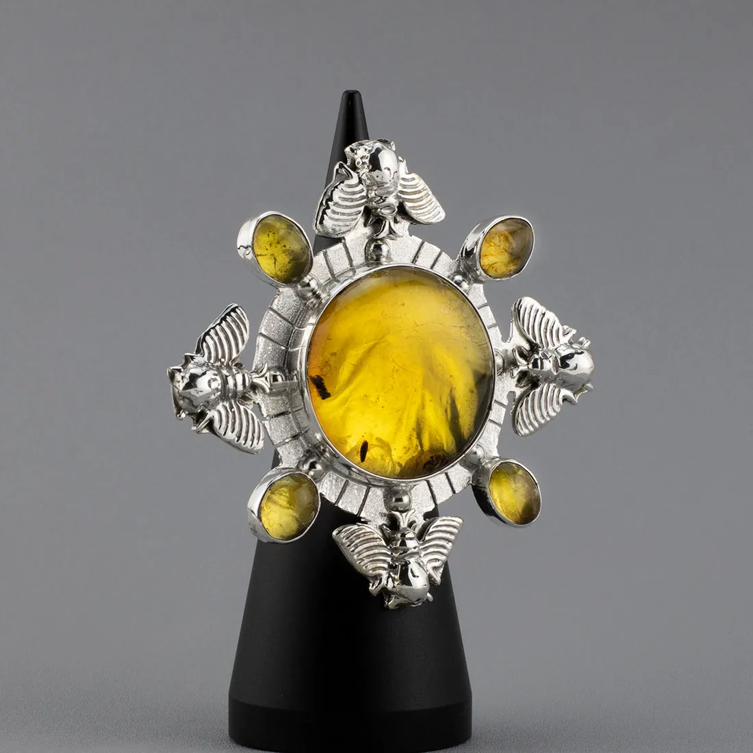 Oversized Silver and Amber Bee Statement Ring