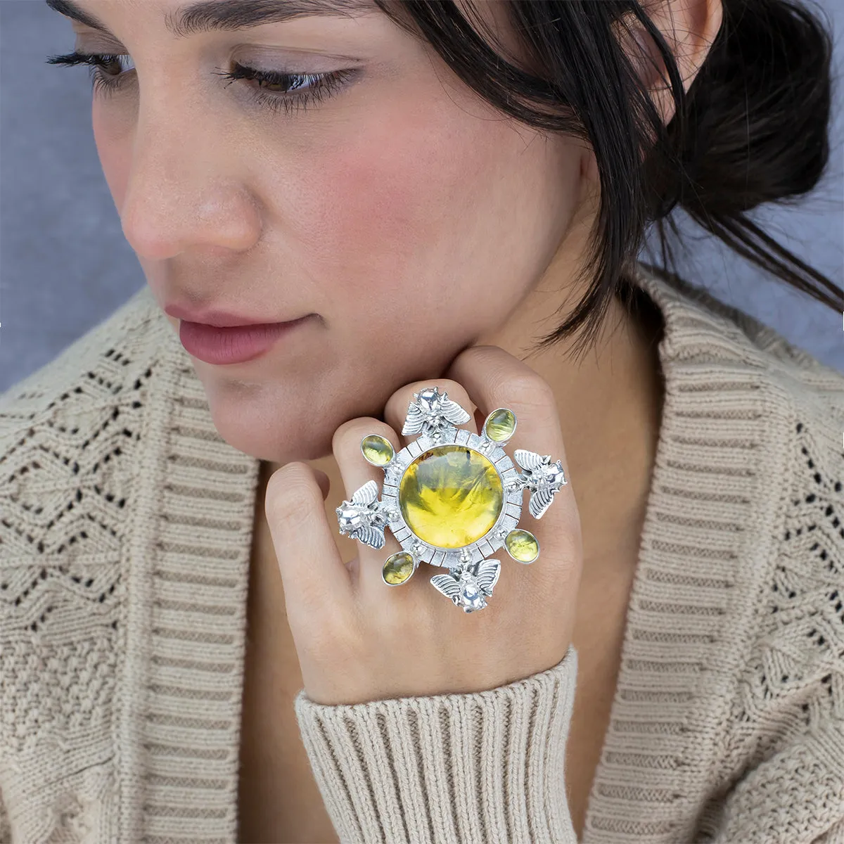 Oversized Silver and Amber Bee Statement Ring