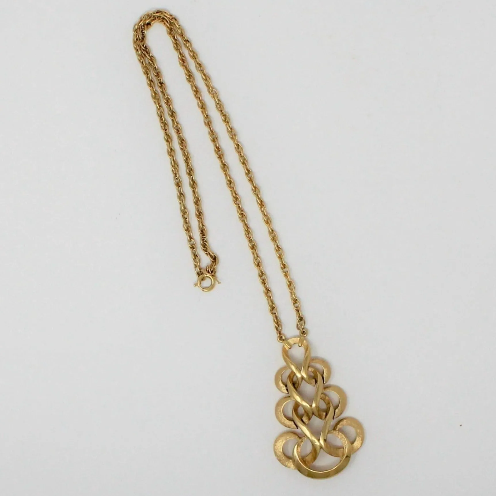 Pendant Necklace, Trifari Crown, Swirled Ribbons Pendant, Brushed Gold Tone, Vintage