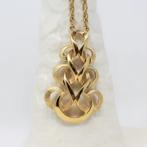 Pendant Necklace, Trifari Crown, Swirled Ribbons Pendant, Brushed Gold Tone, Vintage