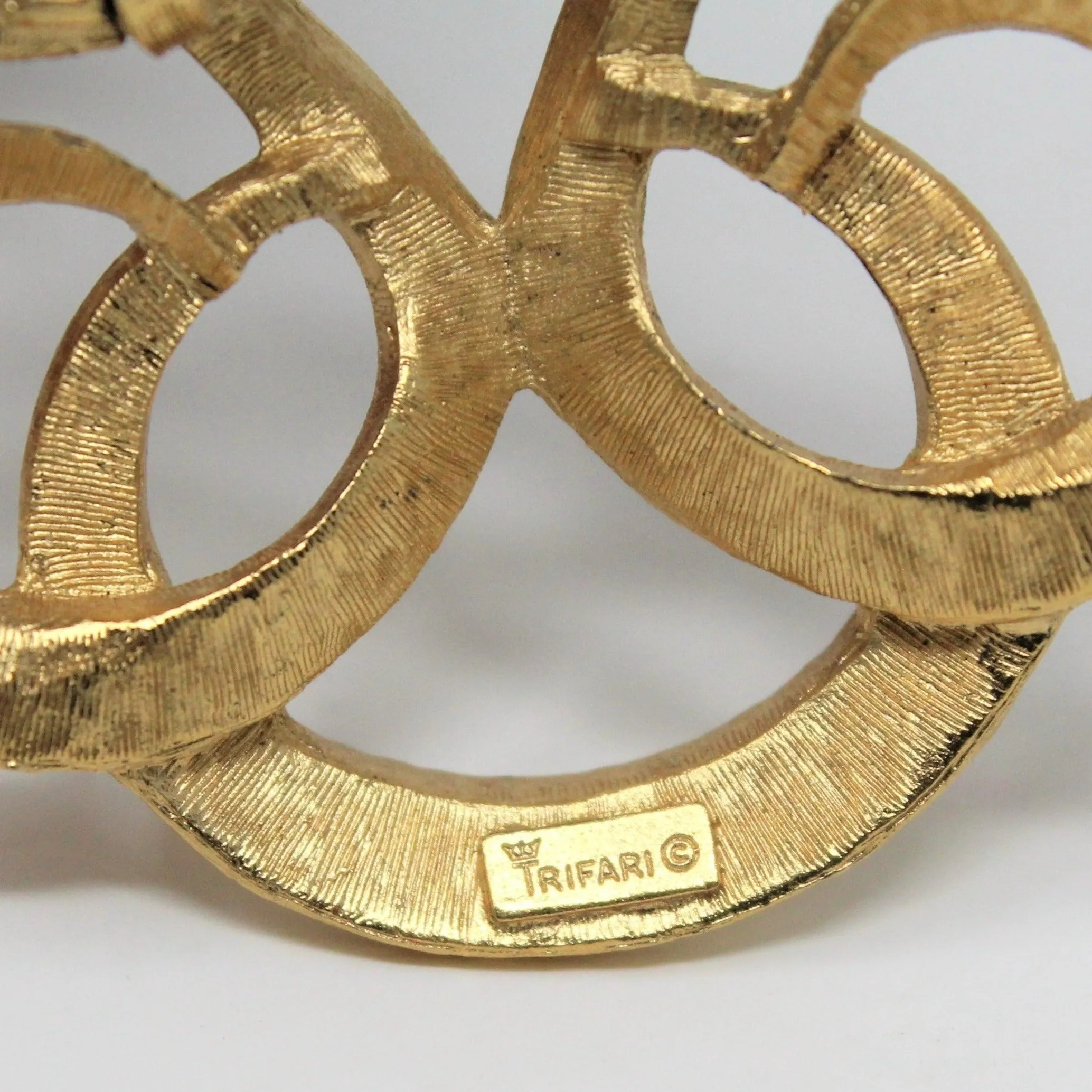 Pendant Necklace, Trifari Crown, Swirled Ribbons Pendant, Brushed Gold Tone, Vintage