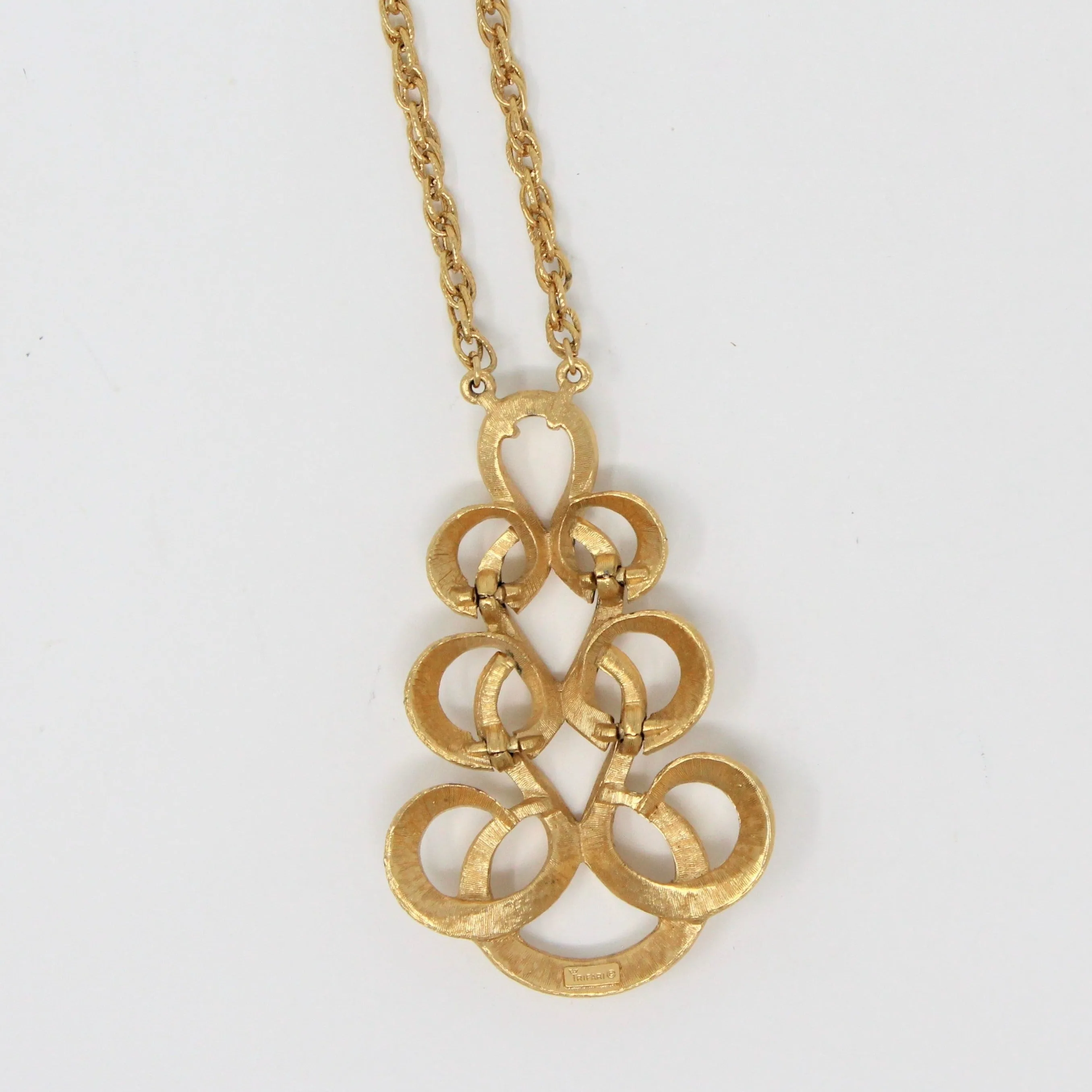 Pendant Necklace, Trifari Crown, Swirled Ribbons Pendant, Brushed Gold Tone, Vintage
