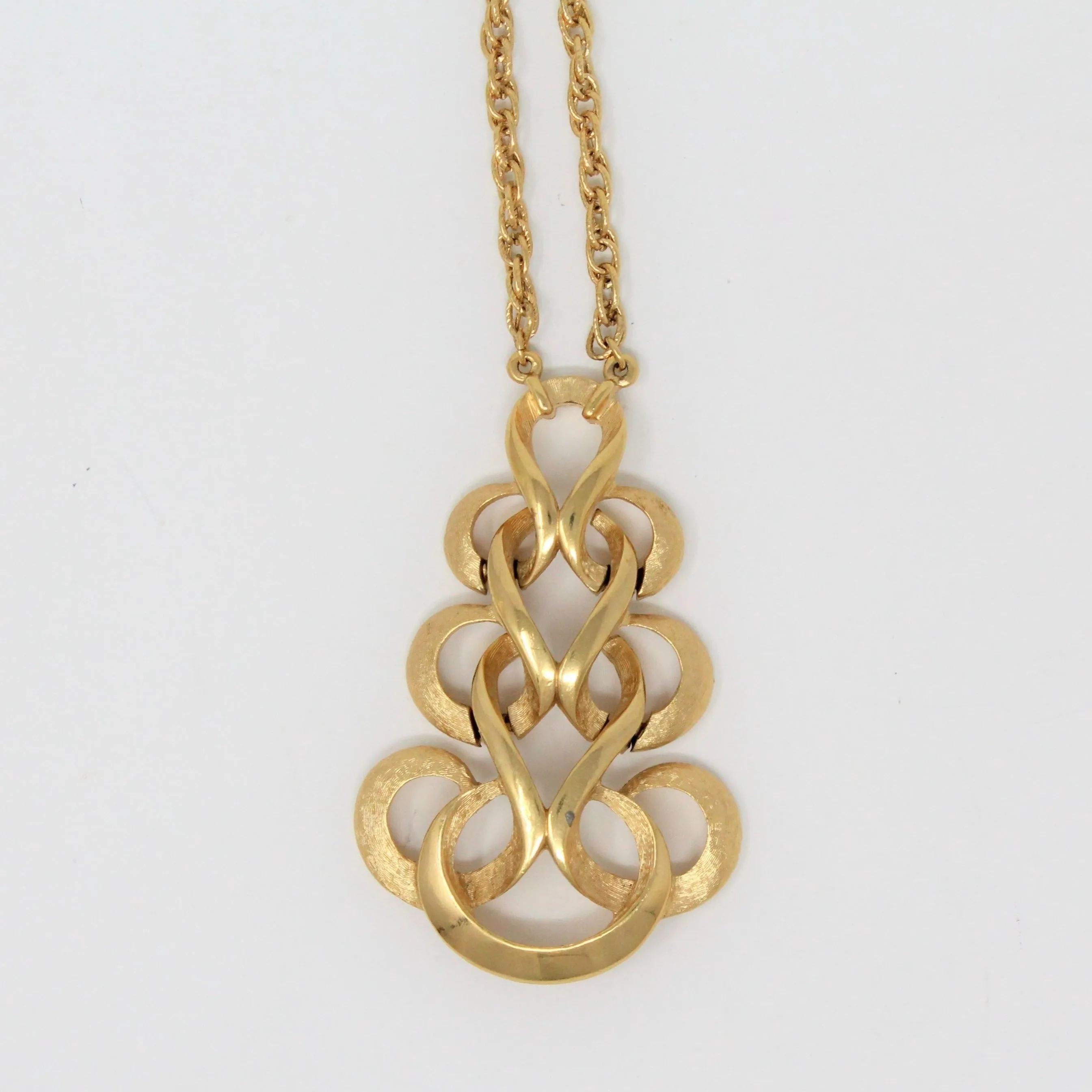 Pendant Necklace, Trifari Crown, Swirled Ribbons Pendant, Brushed Gold Tone, Vintage