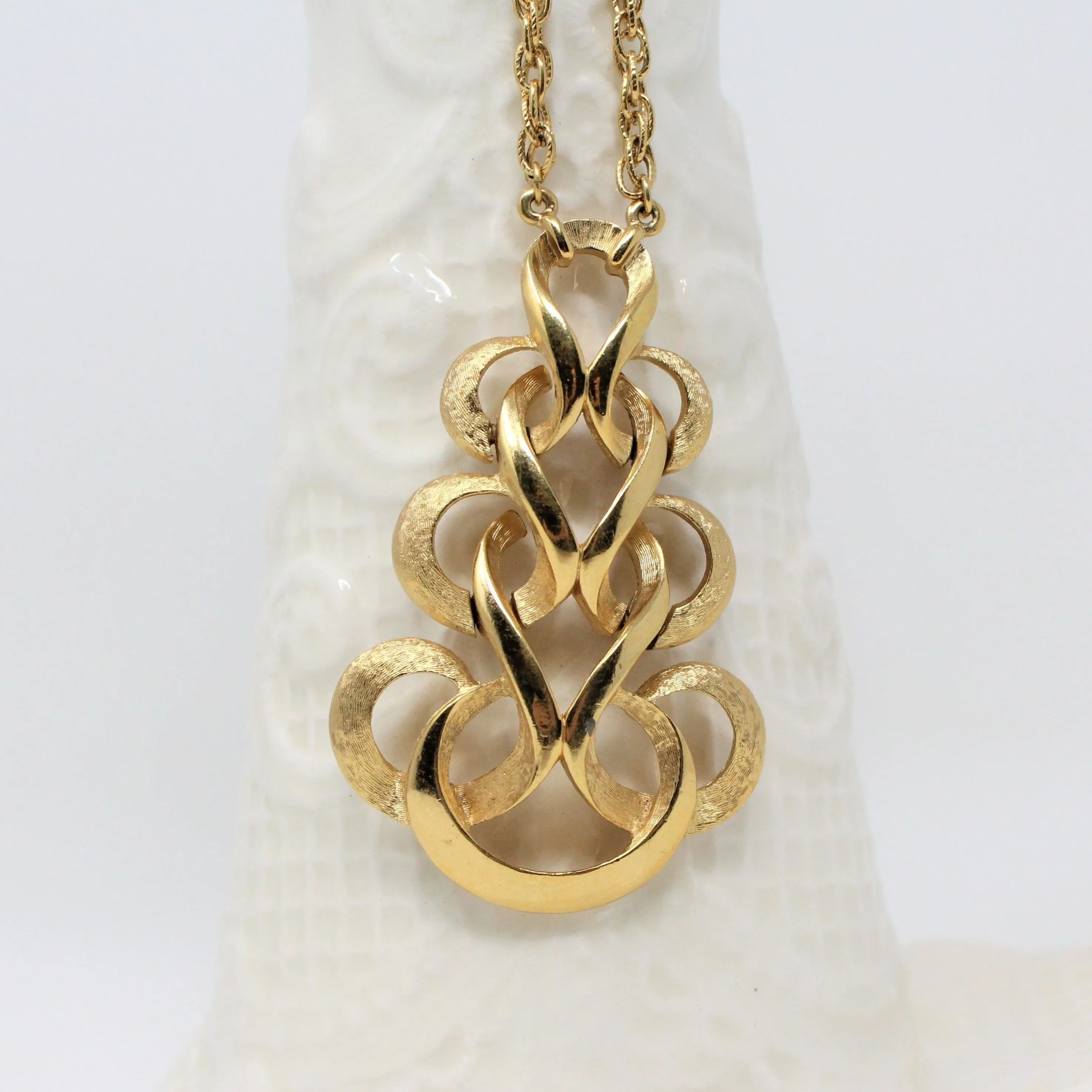 Pendant Necklace, Trifari Crown, Swirled Ribbons Pendant, Brushed Gold Tone, Vintage