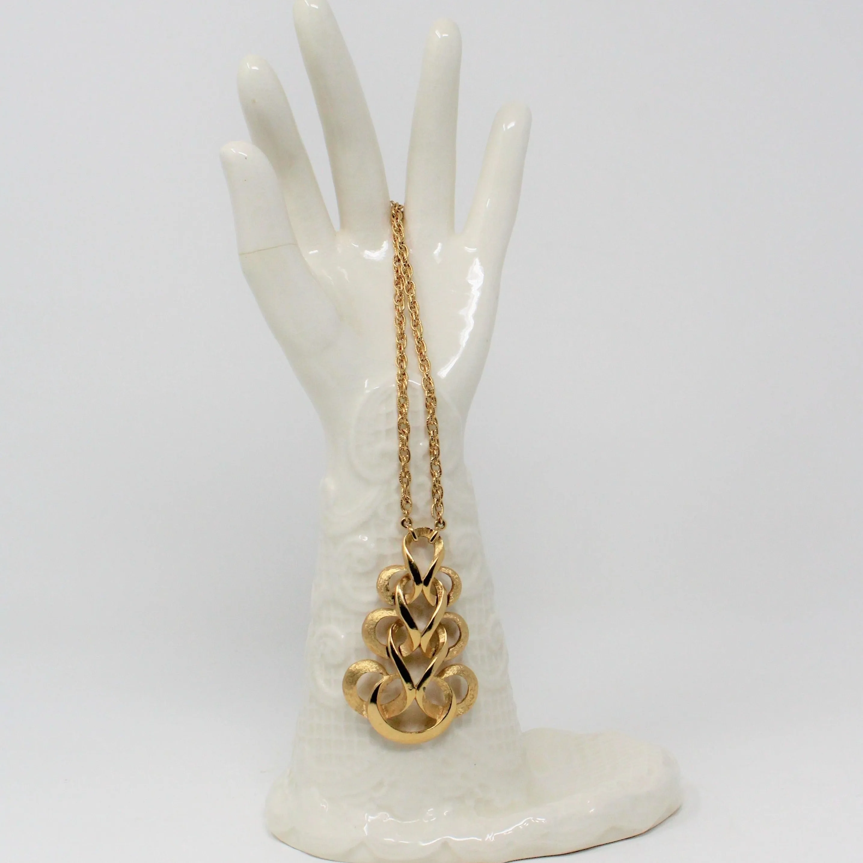 Pendant Necklace, Trifari Crown, Swirled Ribbons Pendant, Brushed Gold Tone, Vintage