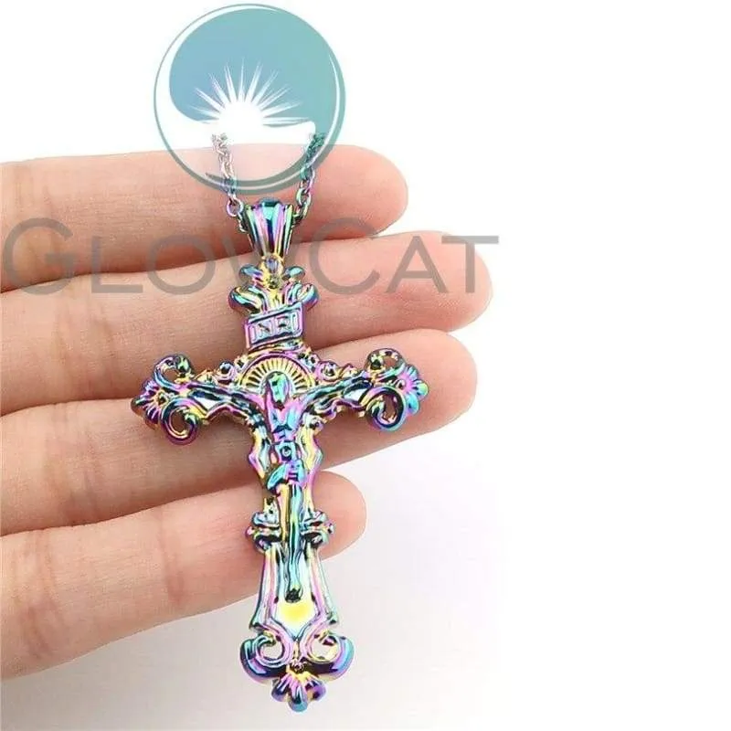 Q4A34 18" Silver Chain Alloy Collar Choker Necklace Flower Jesus Cross Pendant Religious Necklace