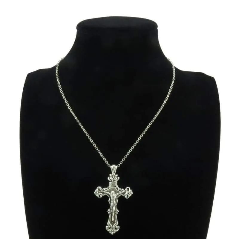 Q4A34 18" Silver Chain Alloy Collar Choker Necklace Flower Jesus Cross Pendant Religious Necklace