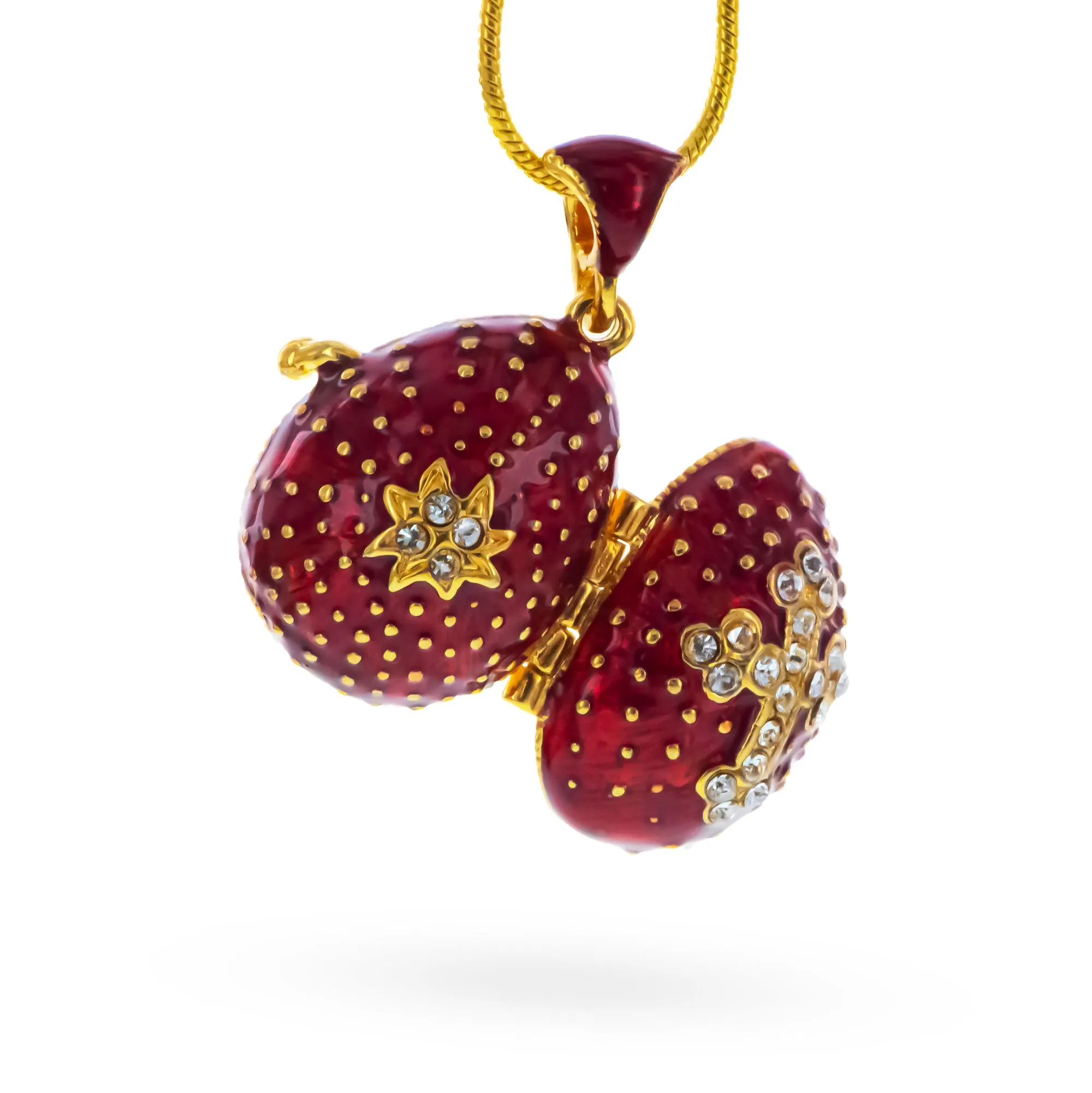 Red Enamel Crystal Cross with Heart Charm Royal Egg Pendant Necklace