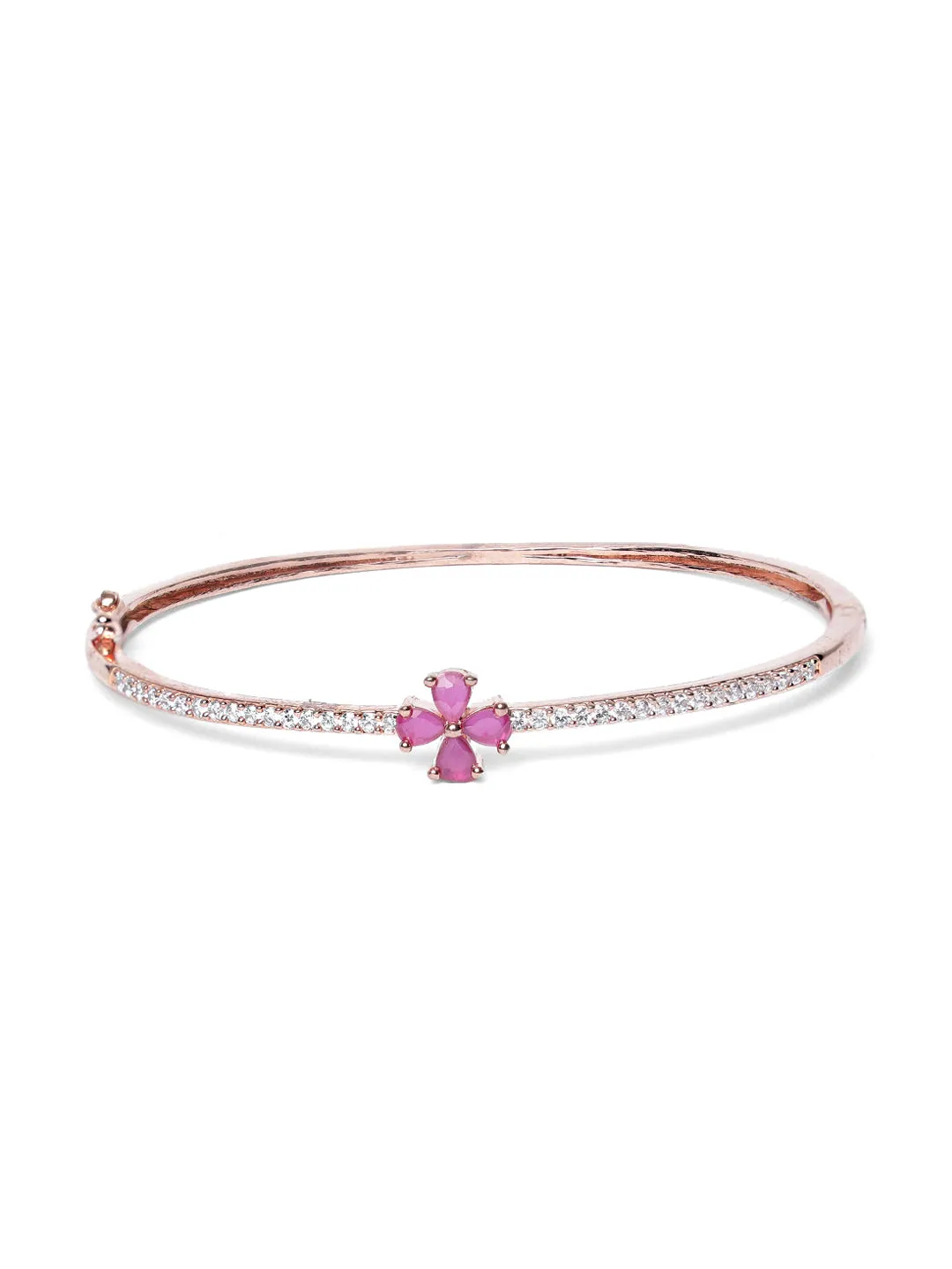 Rose Gold-Plated American Diamond And Ruby Studded Floral Patterned Bracelet