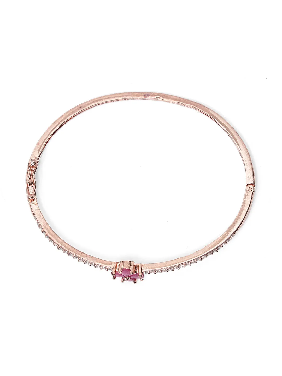 Rose Gold-Plated American Diamond And Ruby Studded Floral Patterned Bracelet