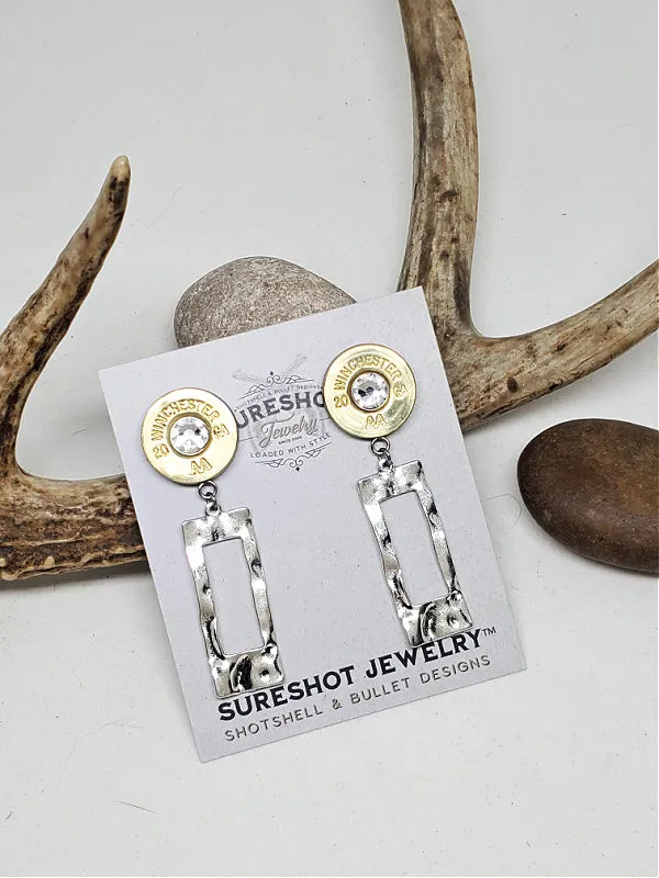 Shotshell Hammered Rectangle 20 Gauge GOLD Post Dangle Earrings