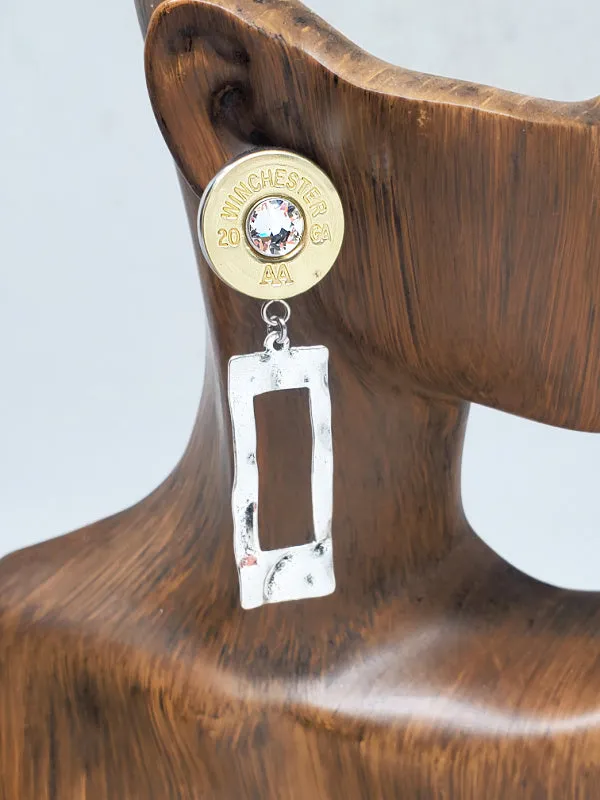 Shotshell Hammered Rectangle 20 Gauge GOLD Post Dangle Earrings