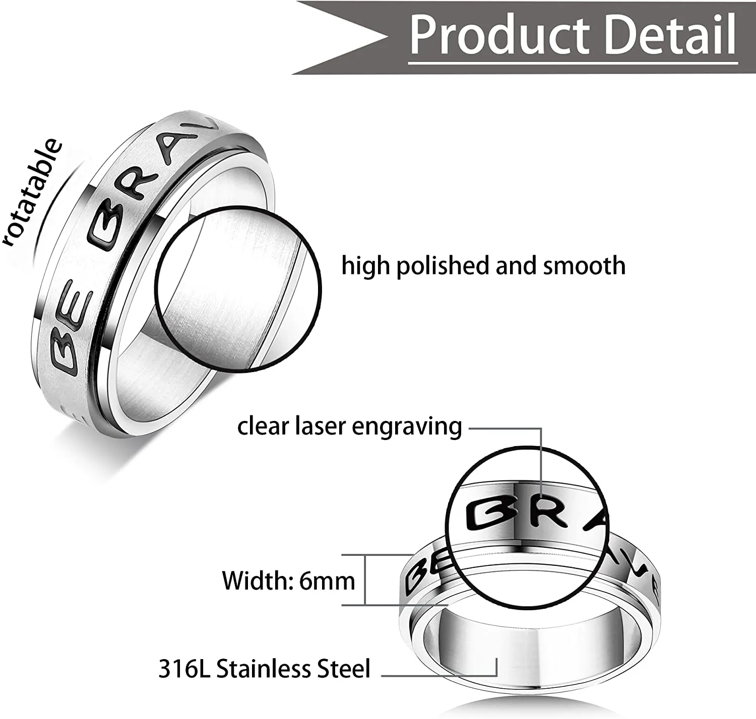 Size 11 Stainless Steel Fidget/Spinner Ring for Anxiety/Anti-Stress