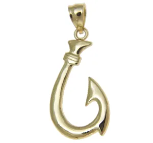 SOLID 14K YELLOW GOLD 2 SIDED HIGH POLISH HAWAIIAN FISH HOOK CHARM PENDANT 17MM