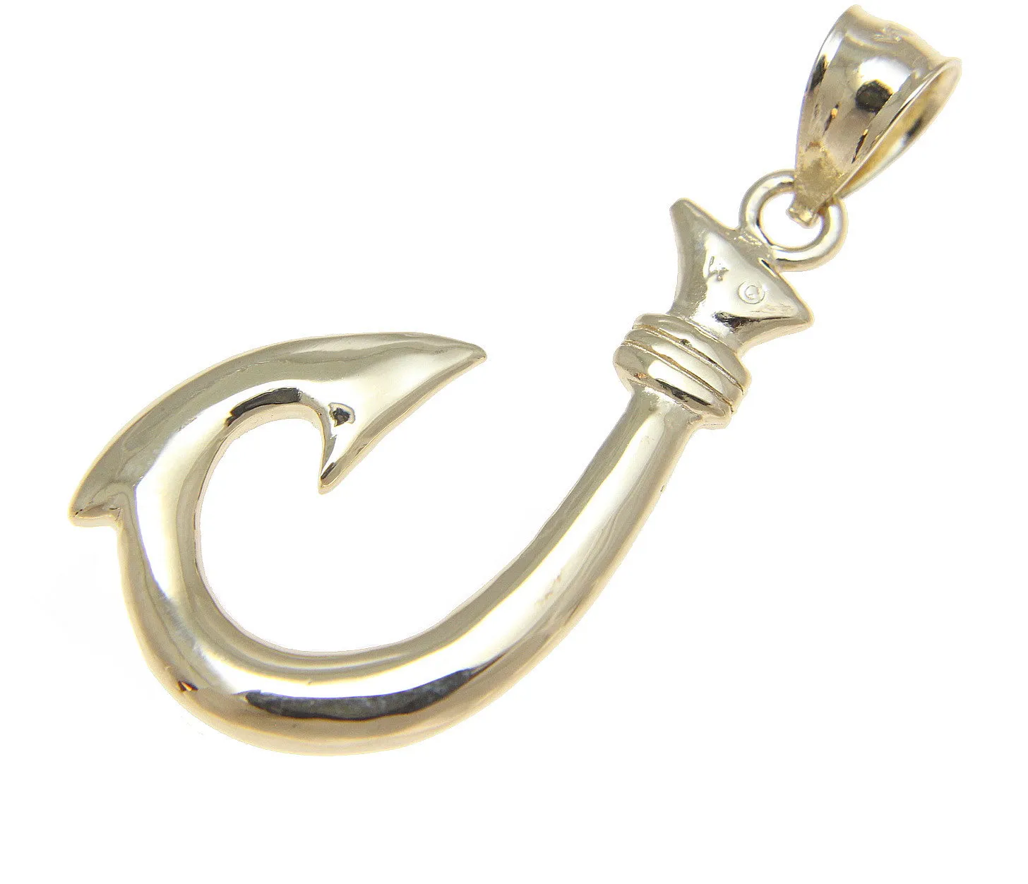 SOLID 14K YELLOW GOLD 2 SIDED HIGH POLISH HAWAIIAN FISH HOOK CHARM PENDANT 17MM