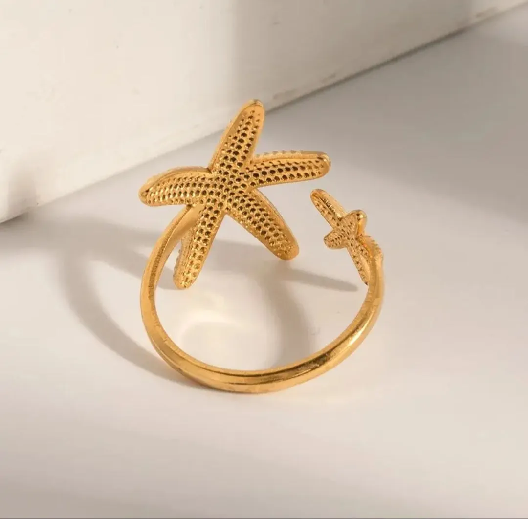 Stainless Steel waterproof Starfish Open-Adjustable Beachy Ring.