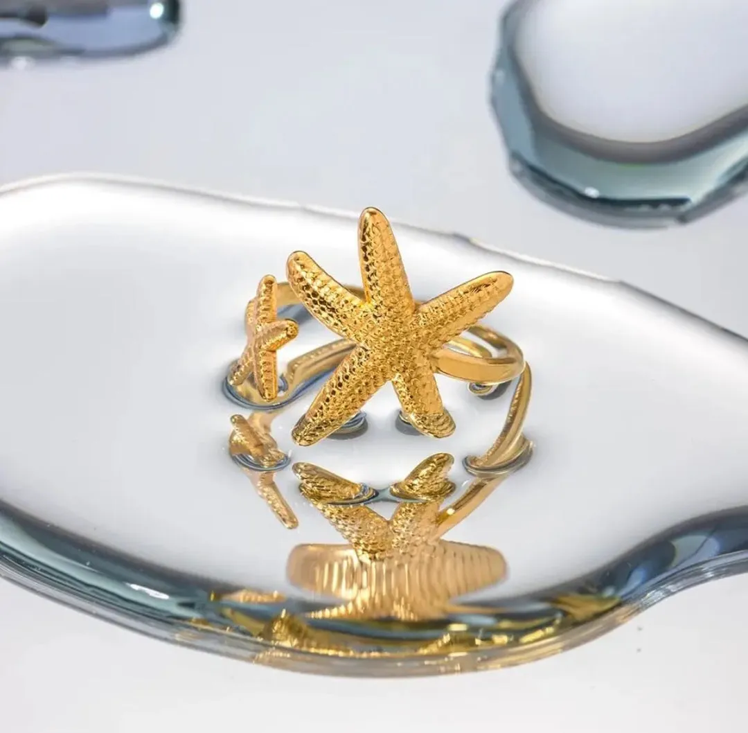 Stainless Steel waterproof Starfish Open-Adjustable Beachy Ring.