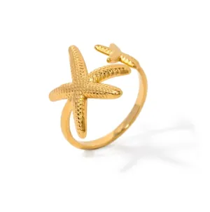 Stainless Steel waterproof Starfish Open-Adjustable Beachy Ring.