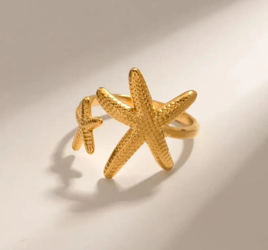 Stainless Steel waterproof Starfish Open-Adjustable Beachy Ring.