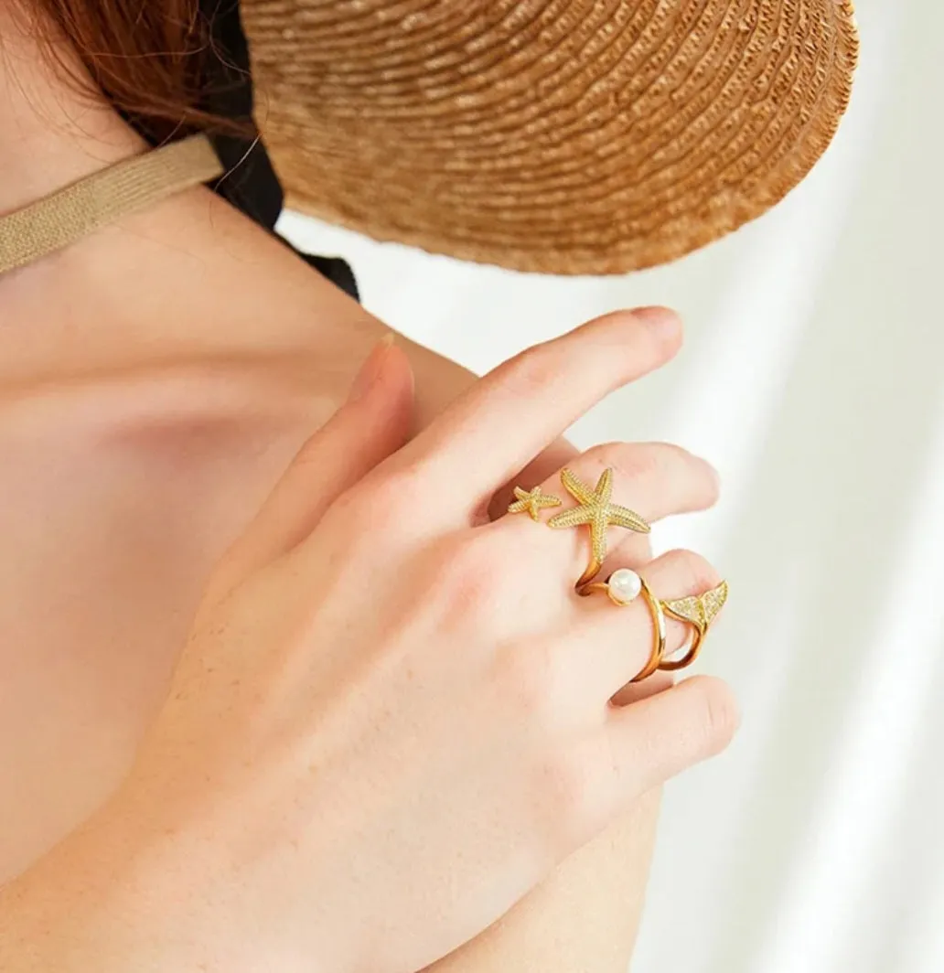 Stainless Steel waterproof Starfish Open-Adjustable Beachy Ring.