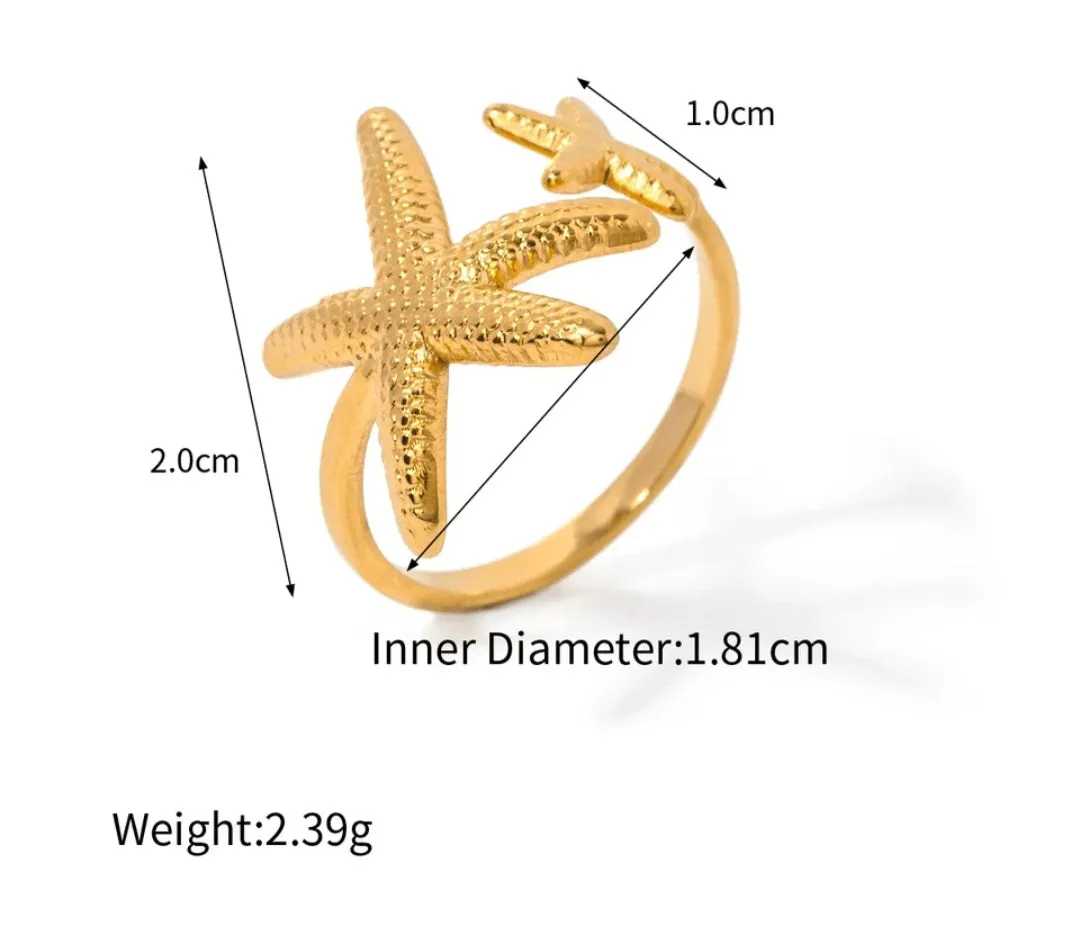 Stainless Steel waterproof Starfish Open-Adjustable Beachy Ring.