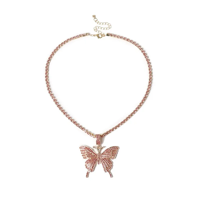 Statement Butterfly Tennis Chain Necklace Choker for Women Crystal Rhinestone Pendant Necklace Chain Jewelry