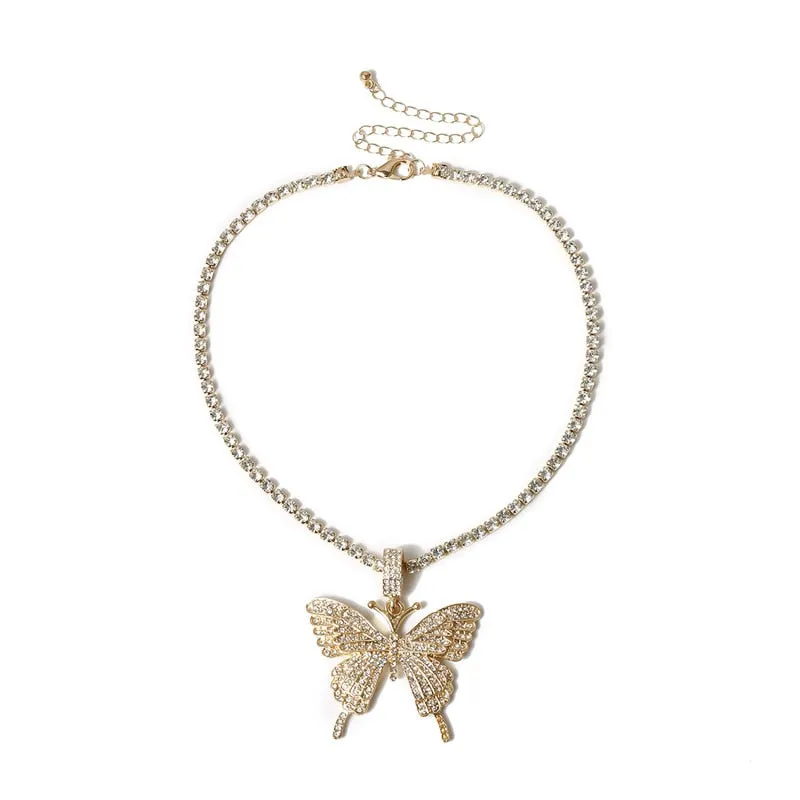 Statement Butterfly Tennis Chain Necklace Choker for Women Crystal Rhinestone Pendant Necklace Chain Jewelry