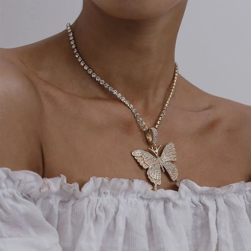 Statement Butterfly Tennis Chain Necklace Choker for Women Crystal Rhinestone Pendant Necklace Chain Jewelry