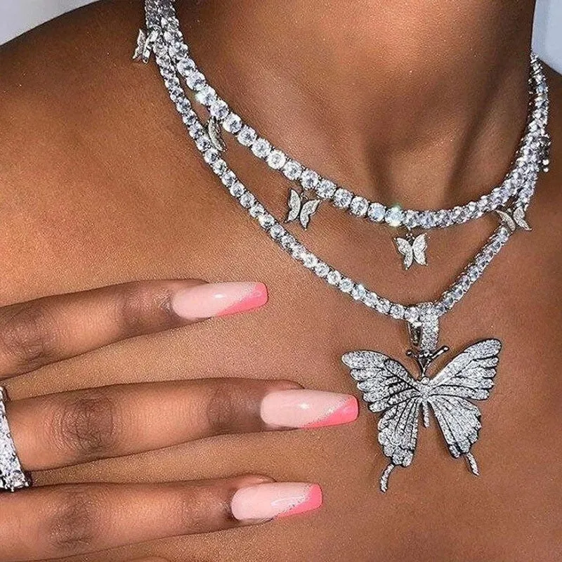 Statement Butterfly Tennis Chain Necklace Choker for Women Crystal Rhinestone Pendant Necklace Chain Jewelry